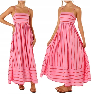 Produktbild von Maxikleid Damen - Sommerkleid Gestreift - Strandkleid - Rückenfrei - Pink Rot - S/M