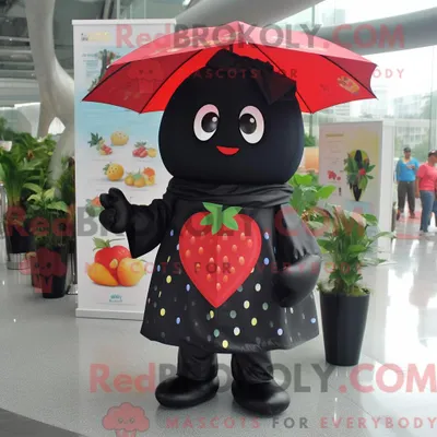 Produktbild von Maskottchenfigur REDBROKOLY einer schwarzen Erdbeere mit Regenmantel und Geldbörse