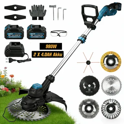 Produktbild von Akku Rasentrimmer Bürstenloser 980W Mit 2xAkku 18V, 14800 RPM mit 7 Klingentypen Ø300mm, 100-140cm Einstellbar, für Makita 18V, Garten Freischneider