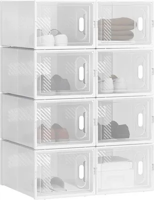 Produktbild von Schoenensystem mit 8 stapelbaren Schuhschachteln, Schuhschrank, Reksystem mit Magnetverschluss, Kunststoffstechrek, 25 x 19 x 35 cm, transparent Weiß.