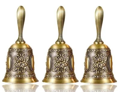 Produktbild von 3er Pack - Handglocke klein - Tischglocke aus Metall - 2 Stück Rezeptionsklingel aus Zinklegierung - Lehrerglocke - Marktglocke Serviceglocke - Höhe: 11 cm - Hotelglocke - Empfangklingel Farbe Bronze