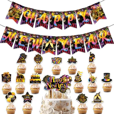 Neujahrsdeko 2026: 2 Banner + 16 Cupcake-Topper, Gold/Schwarz