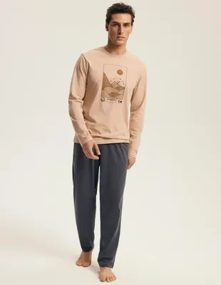 Produktbild von Henderson Herren Pyjama Luro - 100% Baumwolle, Bequemes Homewear für Herbst/Winter 2025, Langarm, Farbe: Weizen, Modell 43474, Perfekt für Entspannte Abende, Hochwertige Nachtwäsche M