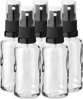 Produktbild von 5x Glasflasche klar 100 ml mit schwarzem Zerstäuber Sprükopf Pumpspray