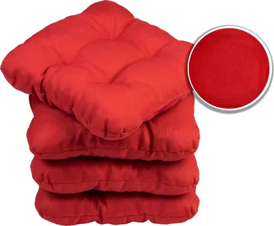 A stack of red seat cushions with a close-up inset of the fabric texture.