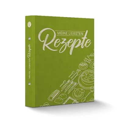 A green binder for recipes, with illustrations of food and kitchen utensils.