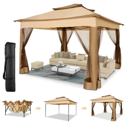 A pop-up gazebo set up with outdoor furniture, and smaller images showing its assembly process.