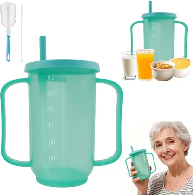 Produktbild von Trinkbecher Senioren mit Strohhalm, 350ml Schnabelbecher mit Griff, auslaufsicherer Trinkhilfe Becher für ältere Menschen, Pflege und Zuhause