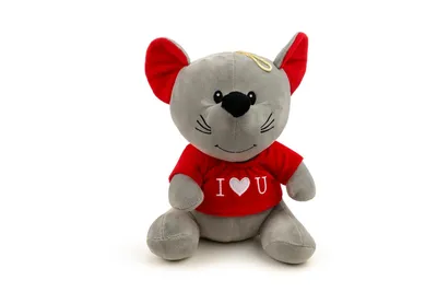 Produktbild von Kuscheltier Maus 25 cm grau mit Pullover rot – Weiches Plüschtier, Stofftier mit Schriftzug „Ich liebe Dich“