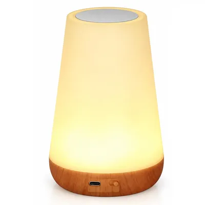 Produktbild von Nachttischlampe RGBW, LED Tischlampe mit Touch-Steuerung und Fernbedienung, Warmweiß, dimmbar, Akku-betrieben, Holzoptik, 3 W