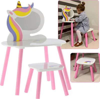 Produktbild von Weißer Schminktisch für Mädchen Einhorn + Hocker 60x40x44/80 cm