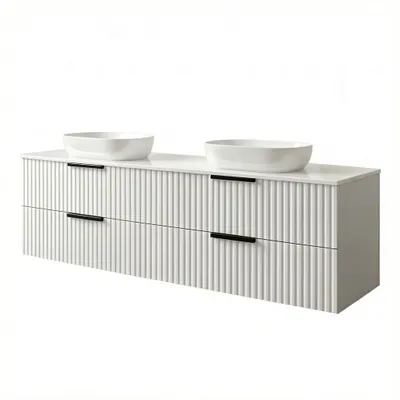 Produktbild von Waschtisch mit Unterschrank TIBU 4 große Schubladen Weiß Hochglanz 120x50x46 geriffelter Front Softclose hängend Badmöbel Badezimmer Badezimmermöbel