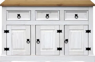 Produktbild von Möbilia Sideboard | 3 Schubladen, 3 Türen | Kiefer massiv | weiß-braun | B 130 x T 45 x H 80 cm | 19020025 | Serie KOMMODE