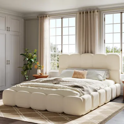 Produktbild von okwish Polsterbett 180×200 mit Matratze und gepolstertes Kopfteil, Doppelbett mit Lattenrost, Jugendbett in Weiß