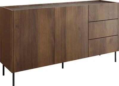 Produktbild von MIRJAN24 Sideboard Tewos K160 3SZ, Kommode mit zwei Drehtüren und drei Schubladen, Schwarze Metallfüße (Farbe: Nuss Warmia / Nuss Warmia + Marmor Schwarz)