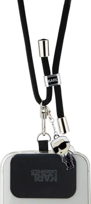 A close-up shot of a black lanyard with a Karl Lagerfeld charm attached to a phone case.
