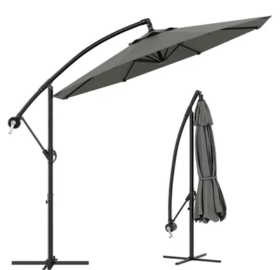 Image de Parasol de jardin - Parasol à mât - Rotation à 360° - Mécanisme de manivelle et d'inclinaison - Protection UV et imperméable - Réglable en hauteur, pliable - Gris