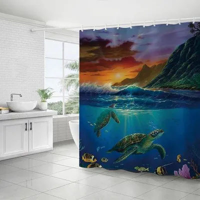 Produktbild von Unyqoos® wasserabweisender Polyester-Duschvorhang 180 x 180 cm, maritimes Design, schimmelresistent, inkl. Haken
