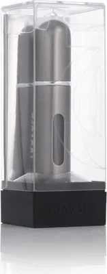 A silver perfume atomizer in a clear plastic case with a black base.