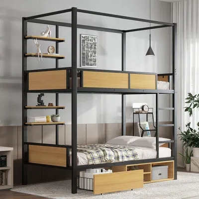 Produktbild von Etagenbett 90x200 cm aus Eisen und MDF, mit Leiter, Schutzgeländern, doppelter Ablage, Schubladen und Stauraum auf Rollen, Vorhangbefestigung, Schwarz/Natur