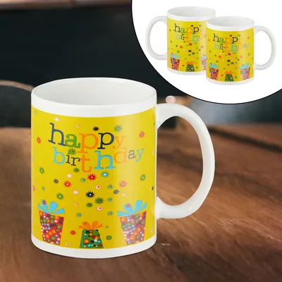 Produktbild von Kaffeebecher Kaffeetasse "Happy Birthday" gelb Henkelbecher 350ml