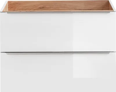 Zdjęcie produktu dla Szafka Pod Umywalkę 80 Cm Biała Połysk 2 Szuflady Dąb Złoty