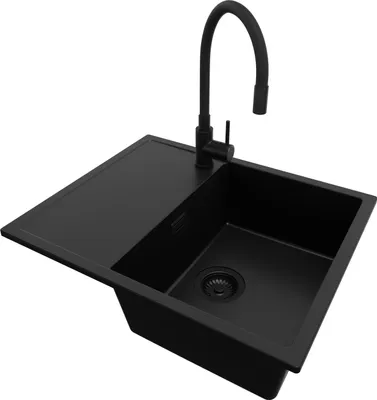 Produktbild von PRIMAGRAN Granitspüle Alles Schwarz 62x50cm, Spülbecken 1 Becken + Küchenarmatur 40x38cm + Ablauf-Set, Küchenspüle ab 45er Unterschrank - Ibiza