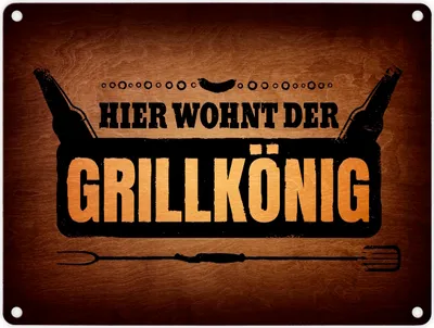A metal sign with a rustic wood-like background, featuring text and graphics related to grilling.