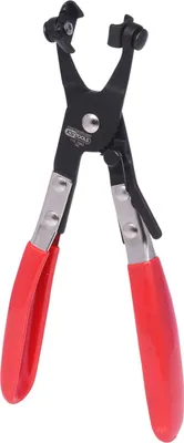 A pair of black and red hose clamp pliers against a white background.