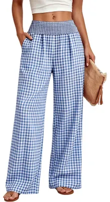 Produktbild von ASKSA Damen Weites Bein Hose Karierte Sommerhose Hohe Taille Elastic Palazzo Baggy Casual Freizeithose mit Taschen Kariert Blau XXL