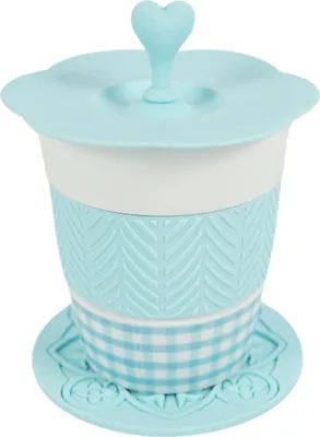 Produktbild von Porzellanbecher AQUELLE mit Silikon-Zubehör 280 ml, blau