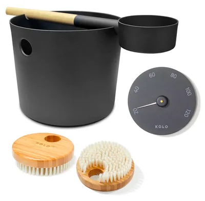 Produktbild von SET> KOLO Sauna Kübel, Kelle schwarz + Thermometer + Bürste