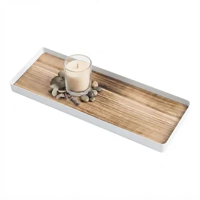 Obrázek produktu pro 3.01 Kovový podnos s dřevěným podstavcem - cca 45,5 x 18 cm - Dekorace v bílé barvě / přírodní barvě
