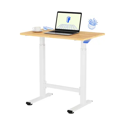 A standing desk with a laptop and a cup of coffee on it.