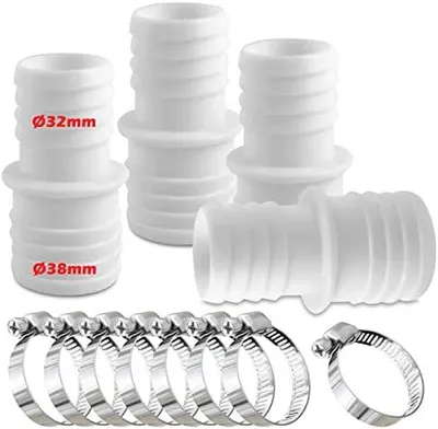 Produktbild von 4pcs Schlauchverbinder 32mm auf 38mm Ø Set mit 8 Schlauchschellen-Poolschlauch Adapter-Schlauchadapter-Doppelschlauchtülle(Weiß)