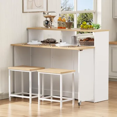Produktbild von Flieks Servierwagen Esstisch mit Klappbarer Arbeitsplatte und 2 Barhockern, Kücheninsel mit Sitzgelegenheit, Sideboard Kommode, Weiß