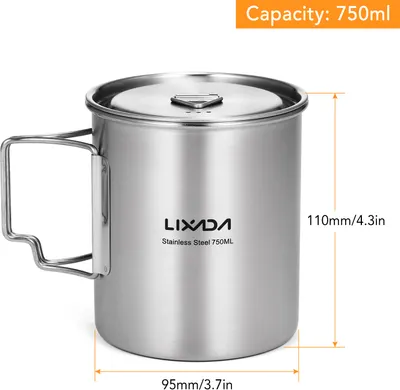 Produktbild von Edelstahl Wasserbecher 750ml, faltbare Griffe und Deckel, ideal für Camping, Wandern, Backpacking