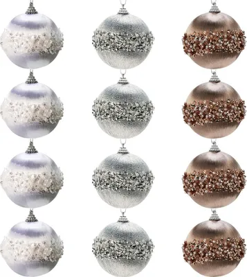 Produktbild von Christbaumkugeln - 12er Set - Bruchsicher - Styropor - Weihnachtskugeln Weiß Silber Champagner