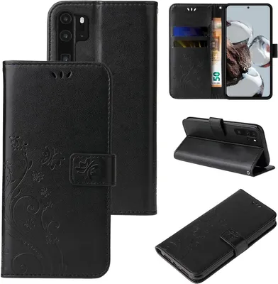 Produktbild von Handyhülle für Huawei P30 Pro Floral Blumen Schmetterling Flip Cover Hülle Case Klapphülle Handytasche Farbe: Schwarz