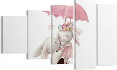 Produktbild von Bild auf Leinwand - Leinwandbild - 5 Teile - Hasen Regenschirm Kinder - 100x60cm - Wand Bild - Wanddeko - Wandbilder - Leinwanddruck - Bilder - Wanddekoration - Leinwand bilder - EG100x60-4777