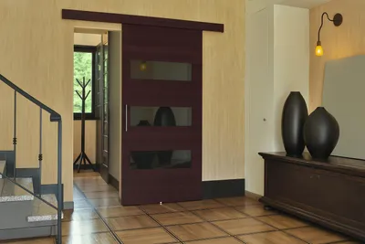 Zdjęcie produktu dla Drzwi przesuwne naścienne EKO-2 | Wenge – szkło czarne | Z samodomykaczem | 96×205 cm