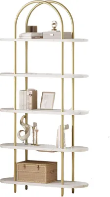 Produktbild von 5-stöckiges Bücherregal A-Form Design – Metall & MDF Standregal – Gold/Weiß – 180 cm