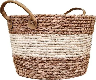 Produktbild von Korb, 30x25x20 cm - Handgefertigt - Korbmöbel - Ledergriffe - Multifunktionaler Korb - Natürliches Design - Aufbewahrungskorb