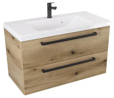 Produktbild von ATHD Wandhängender Unterschrank mit Spüle 80 cm - Evoke  Matt Eiche - Mattschwarze Griffe