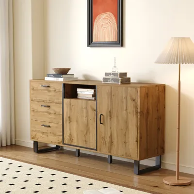 Productafbeelding van AIORBER Kommode/dressoir, met 3 lades, 2 deuren, 1 open vak, veel opbergruimte, tweekleurig design, geschikt voor eetkamer of woonkamer, afmetingen 150x38x76,5 cm