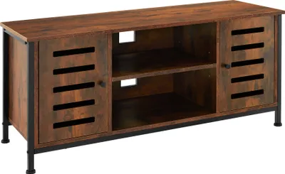 A TV stand with two doors and open shelves.