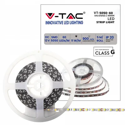 Produktbild von V-TAC LED-Streifen SMD5050, 11 W/m, 5 m, 60 LEDs/m, 12 V, warmweiß 3000 K, Schutzart IP20, 10 mm – Artikelnummer 212122