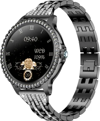 A close-up, studio shot of a smartwatch with a black face and a diamond-studded bezel and band.