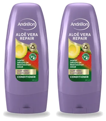 Zdjęcie produktu dla 2 opakowania odżywki Andrélon Aloe Vera Repair – wygładzająca i regenerująca – 250 ml – zestaw ekonomiczny – 2 sztuki