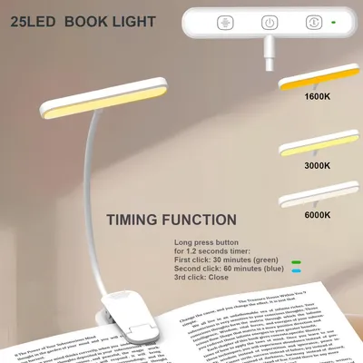 Produktbild von Minicee LED Leselampe mit Klemme, USB-C Akku, 3 Lichtfarben, Dimmbar